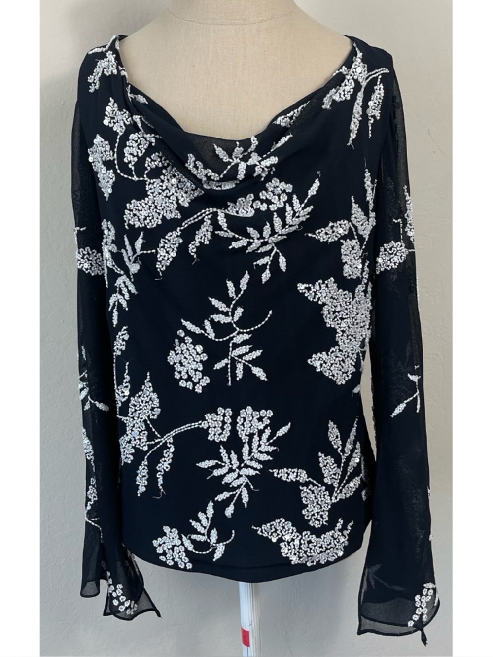 Jkara Black Beaded Cowl Neck Long Sleeve Blouse